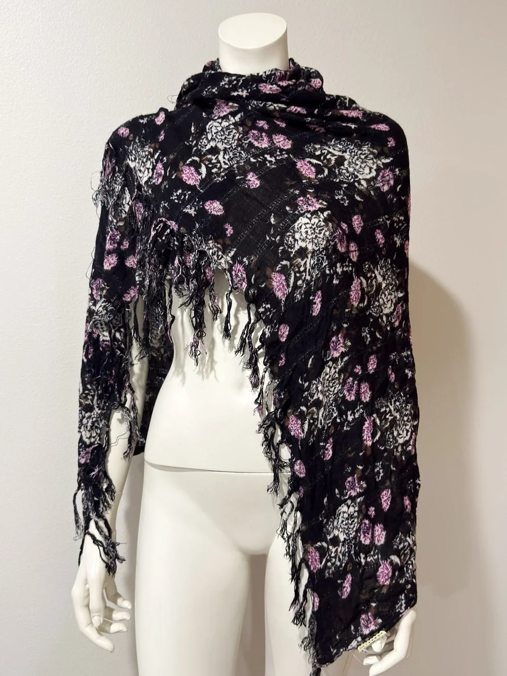 Boho Floral Fringe Black Scarf Pink & White